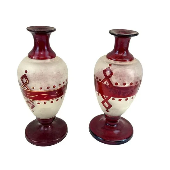 Antique Bohemian Ruby Glass Vases Pair Handblown Red Floral Design 7 Tall